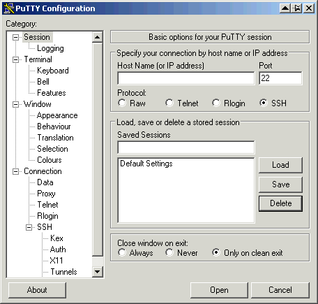 Initial PuTTY screen