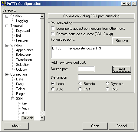 Forwarded port list including tunnel